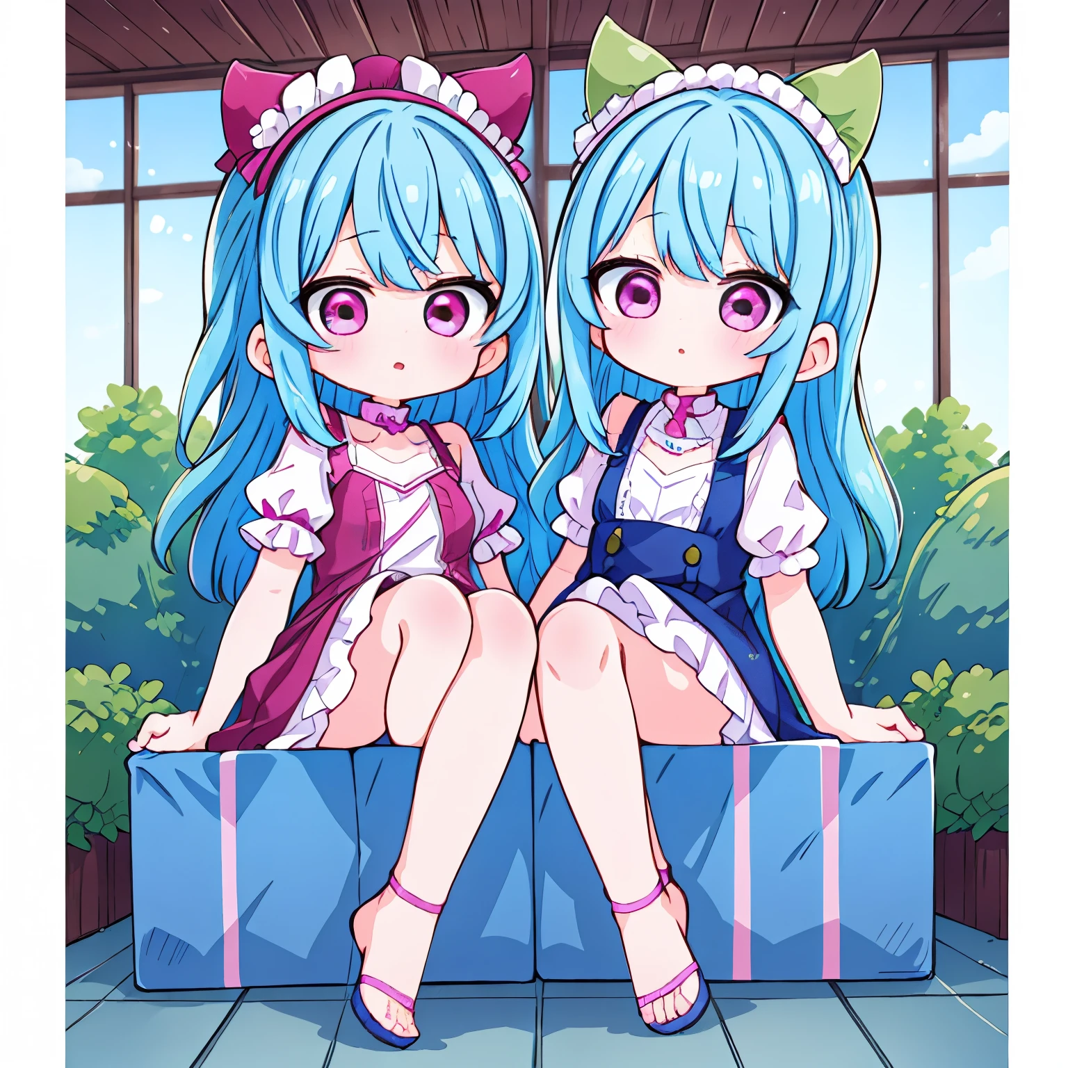 Two girls sisters, One has blue hair、The other has pink hair, One teen and a small.