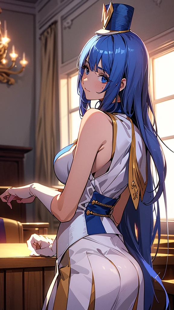 masterpiece, best quality, ultra-detailed, glistening shiny, glowing light, ray tracing, HDR, (perfect face, detailed face, detailed eyes), 8k,HD,ultra realistic face, ray tracing, perfect lighting, best quality, ultra-detailed, High resolution, 1girl, Full body, Description Girls, detail hands, Detail fingers, Detail Face, cute face, detail legs, overdetailed art, Fine details, Huge breasts, Huge ass, blue hair, long hair, straight hair, Bright eyes,  marching band, evil grin, sweat, expose shoulder