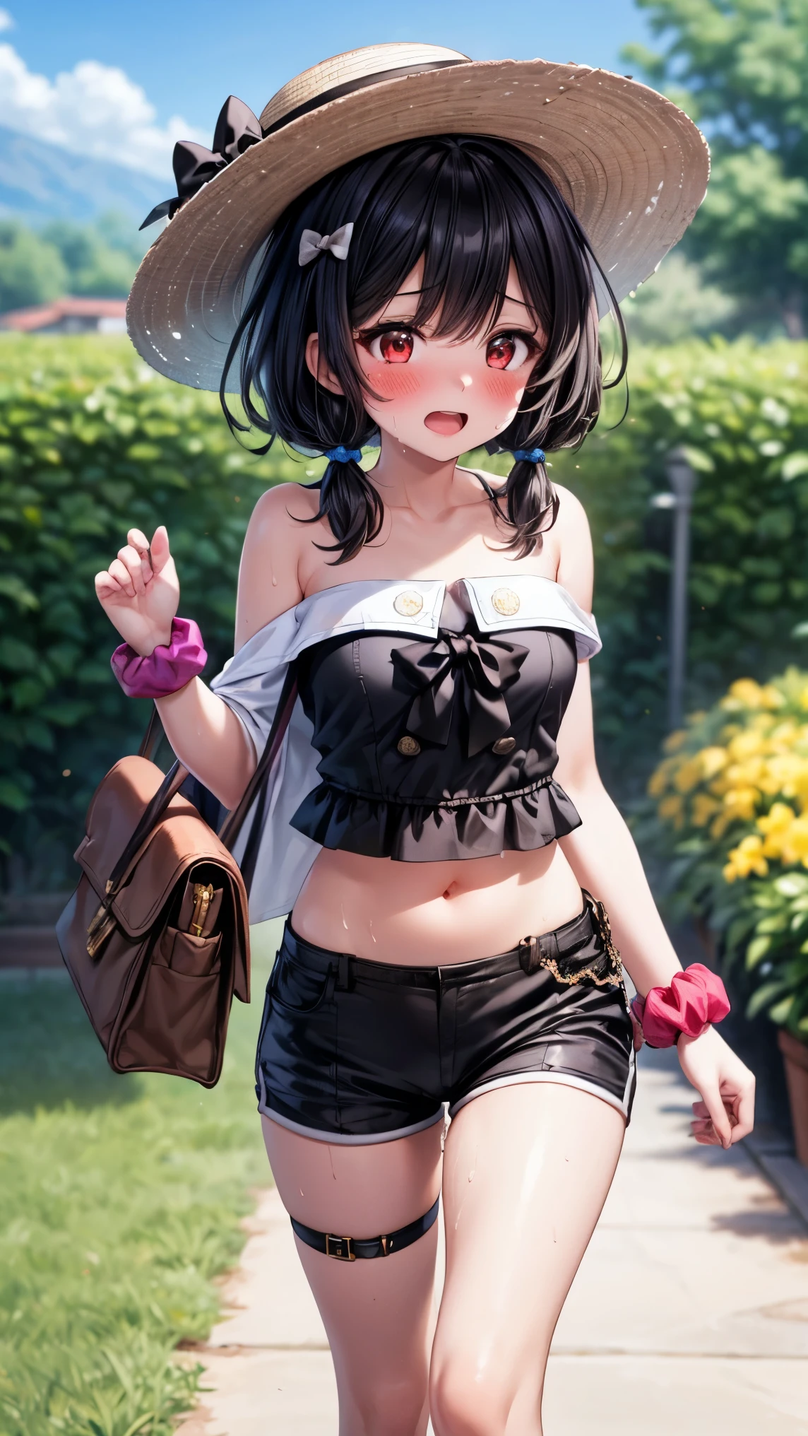 best quality,4k,8k,1girl,small breasts,orgasm,blush,sweat,vikalasu, bare shoulders, midriff, crop top, black bow, sun hat, hair bow, white jacket, strapless black shirt, black shorts, bag, wrist scrunchie,pussy juice,walking,garden