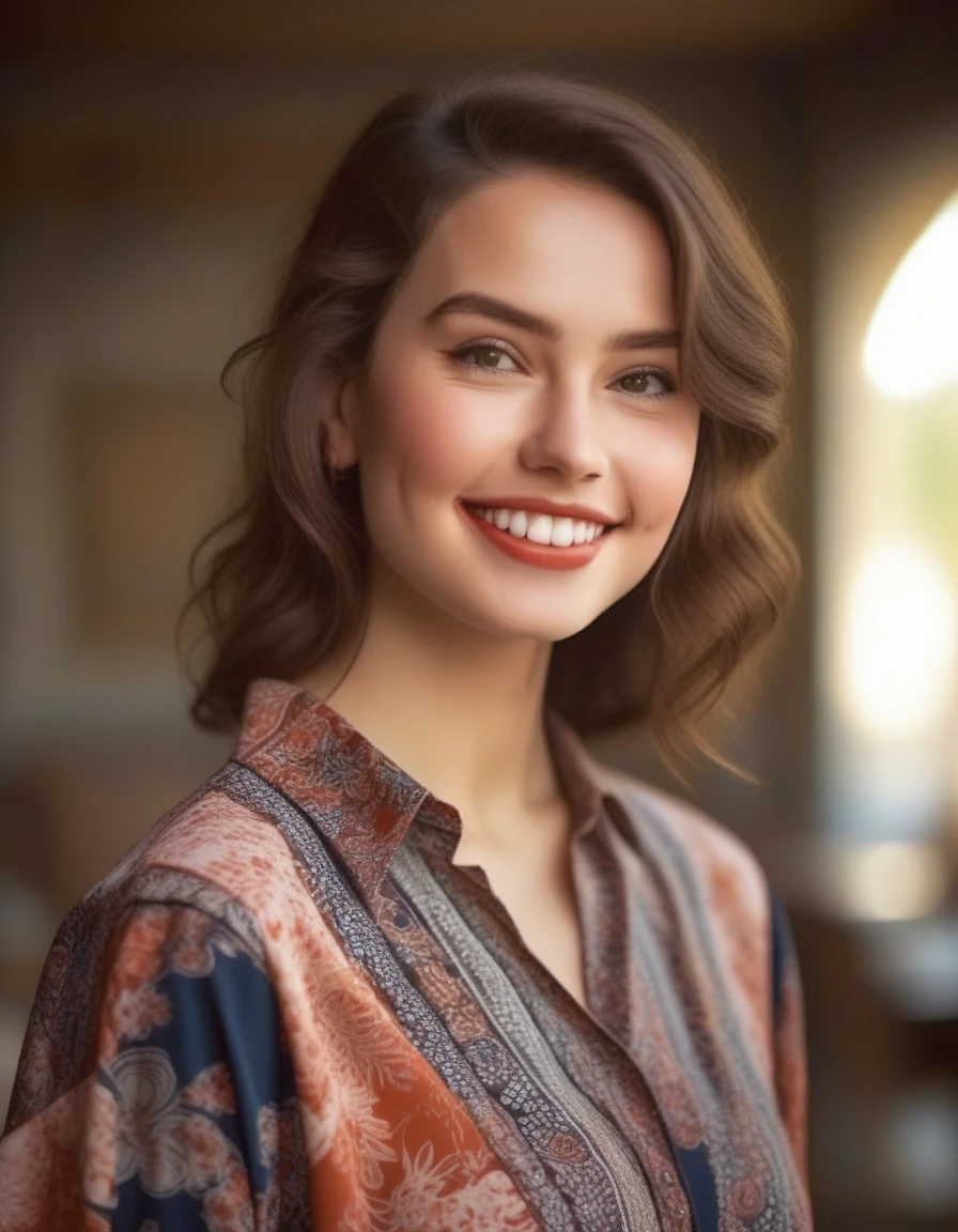 A waist-up portrait of a young beautiful brunette girl, Vintage Outfit, Smiling, Confident, Makeup, lip-gloss, (freckles:0.5) skin, Blond, "slim with curves", (breasts:0.8), (batik:1.55) shirt, Detailed face, Clear face