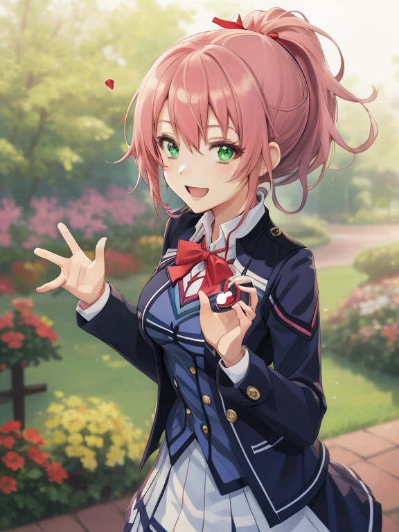 (masutepiece, Best Quality, hight resolution, nffsw, Perfect Pixel, depth of fields, 4K), Beautiful anime girl, Perfect body, ,best quality, masterpiece, highres, solo,, Juna Crawford, pink_hair, ponytail, hair_ornament, green_eyes, blue_blazer, blue_waistcoat, blue_skirt,red ribbon, smile, open the mouth, , , flower garden, many flower , , , (heart hands:1.2),