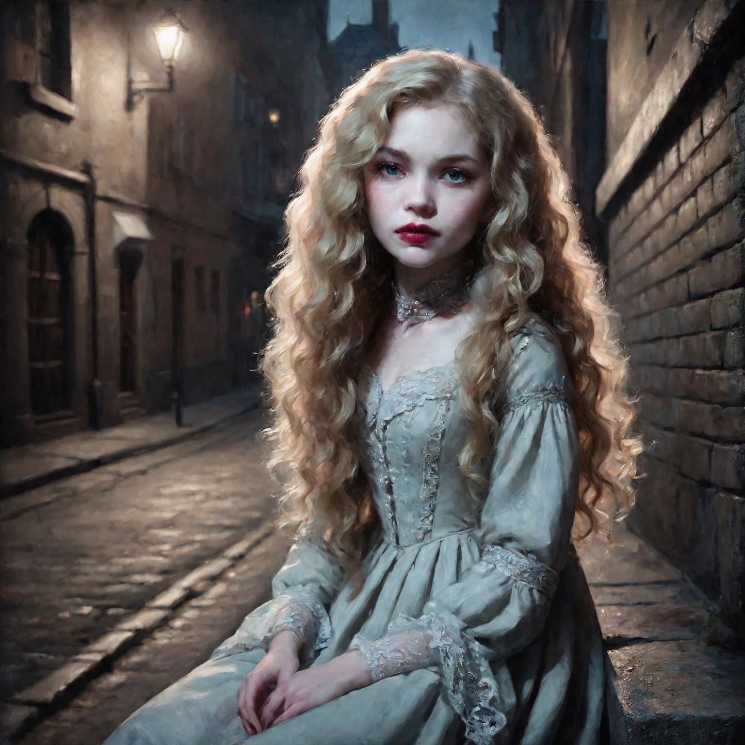 Sandra Everleigh is sitting on a stone wall in a dark alley within a modern city, dimly lit by distant street lamps. She is a vampire child with a Victorian appearance, her long, curly blonde hair framing her face. Her pale skin has a slight hint of color, giving her a more natural look. Her eyes are a light, deep green, and her lips are rosy. She is dressed in an elegant, classic Victorian gown with fine lace details. Sandra's expression is calm, with a slight, nearly closed-lip smile that subtly reveals her fangs without them protruding. The alley combines modern and old architecture, with long shadows cast by the lights, creating a dark and mysterious atmosphere around her.