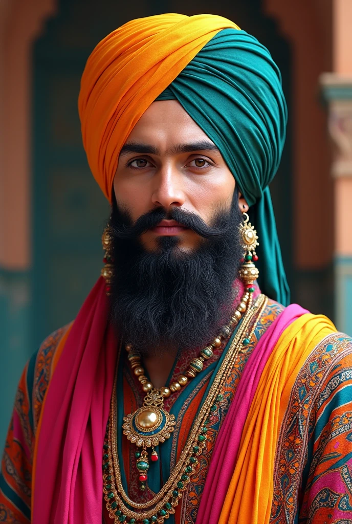 Image of a man wearing a blue turban on the head of an Indian with a blue stone, He wears a bit long beard, bem cortada, the clothes and a turban closed up to the neck blue also with gold details, In the background it has a bright blue light with white rays
