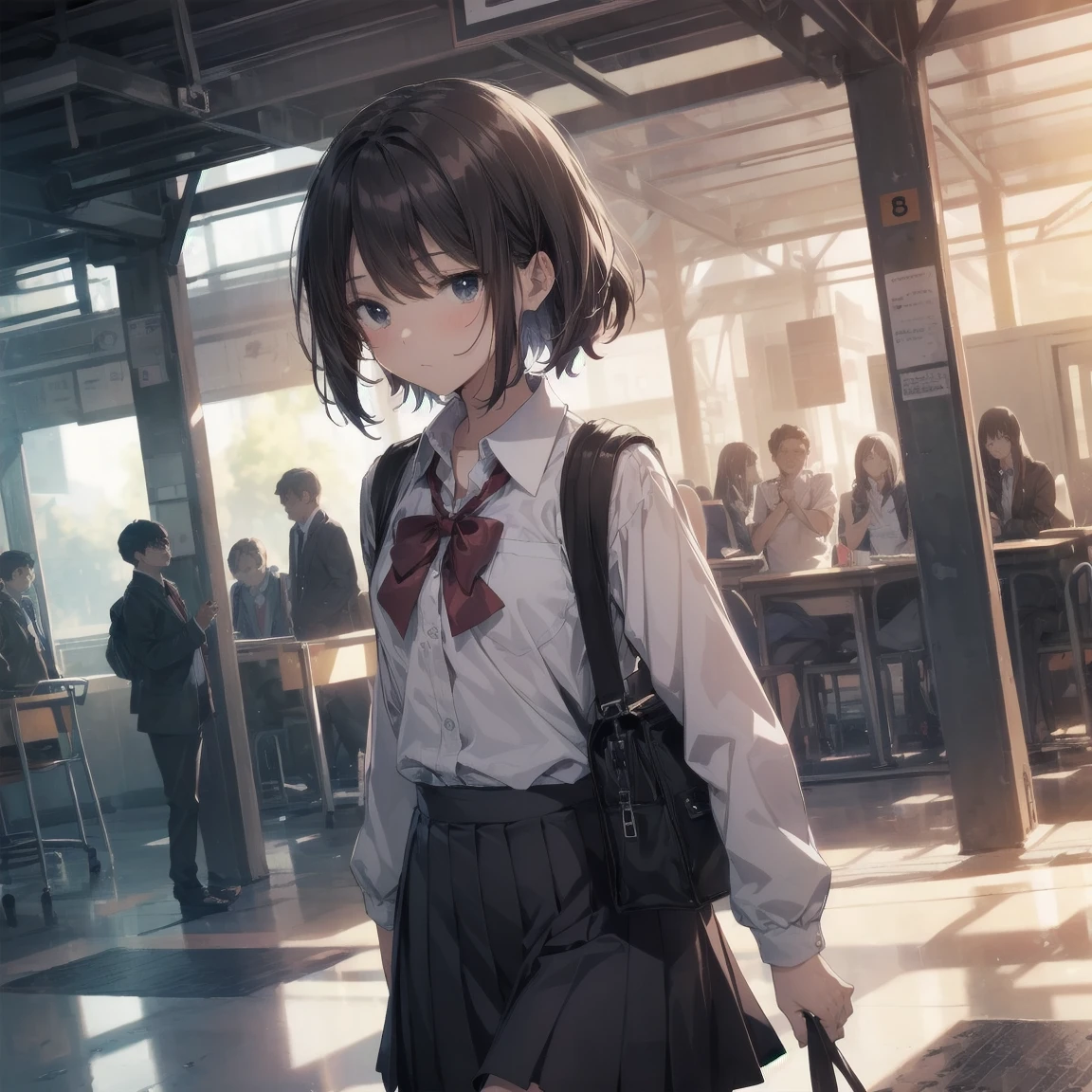 Top quality, anime moe artstyle,best anime 8k konachan wallpaper,pixiv contest winner,badass anime 8k,perfect anatomy, (Please draw a girl walking sleepily to school. ),break, 1girl, (Solo,,child,:1.3),a junior high school student, androgynous charm, (Very Short hair),messy hair, Full limbs, complete fingers,flat chest, Small butt, groin, Small eyes,finely detailed beautiful black eyes,disgusted eyes, school Uniform, skirt,in the School commute route. break,ultra-detailed,high resolution,super detailed skin, professional lighting,8k eye details, (cool illustration:1.2),