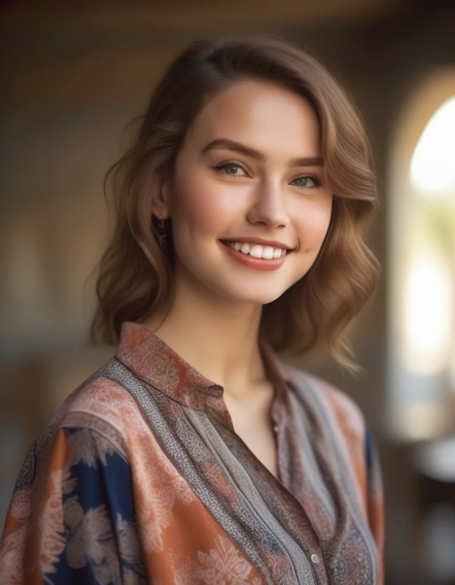 A waist-up portrait of a young beautiful Blond girl, Wearing Bohemian clothes, Smiling, Confident, Makeup, lip-gloss, (freckles:0.5) skin, Blond, "slim with curves", (breasts:0.8), (batik:1.55) shirt, Detailed face, Clear face