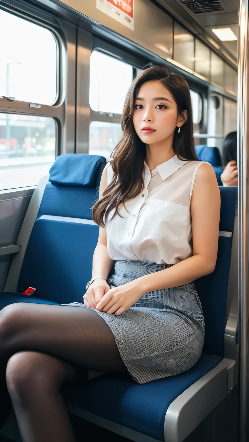 (masterpiece, Highest quality, 8k, RAW Photos, beautifully、beautiful:1.2),  Intricate details, indirect lighting, Realistic,
whole body, Sitting on a chair on the train、Gazing at the audience、Voyeur、Photographed from directly in front、Inner thigh focus、
 Square neck button-down linen sundress, (Ultra-realistic pantyhose)、
 Women&#39;s training , Chair to sit under skirt,Big Breasts