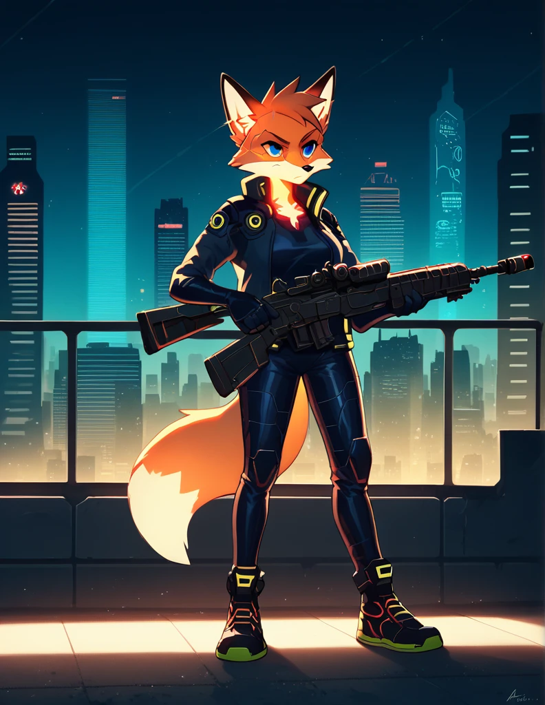 score_9,score_8_up,score_7_up,score_6_up, cyberpunk fox, cyberpunk fashion, latex sleeves, glowing backlight, city scene, glitter, whimsical, enchanted, magical, fantasy art concept, intricate details, fox, anthro, full body, holding rifle, aiming rifle, rooftop