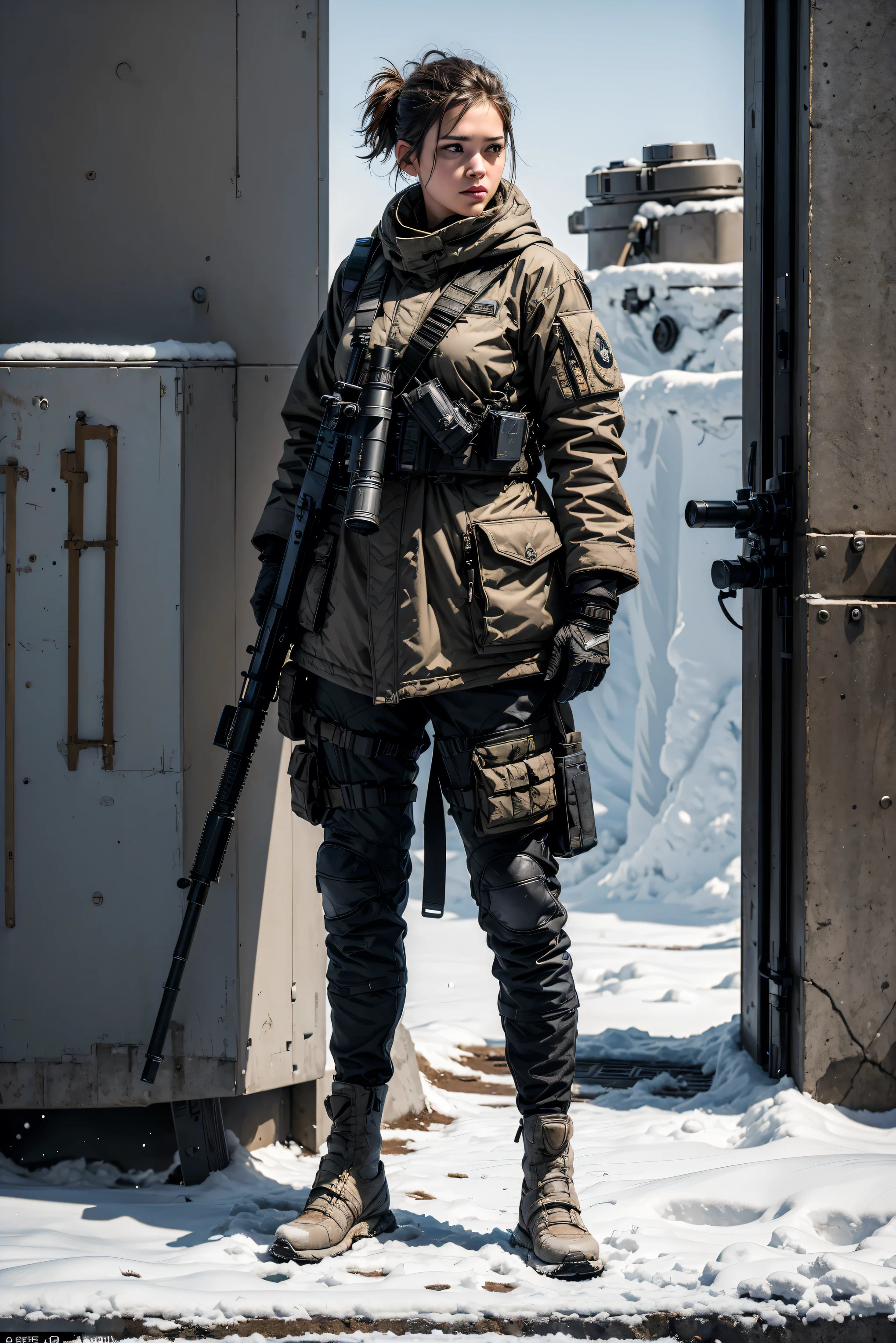 (masterpiece, photorealistic:1.3, best detail, award winning, 4k), 1girl, realistic, medium breasts, military style shaved hair, standing, winter gear, snow, sniper, 50caliber, poster art, minimalistic, wide angle, full body, cast shadows, blank white background