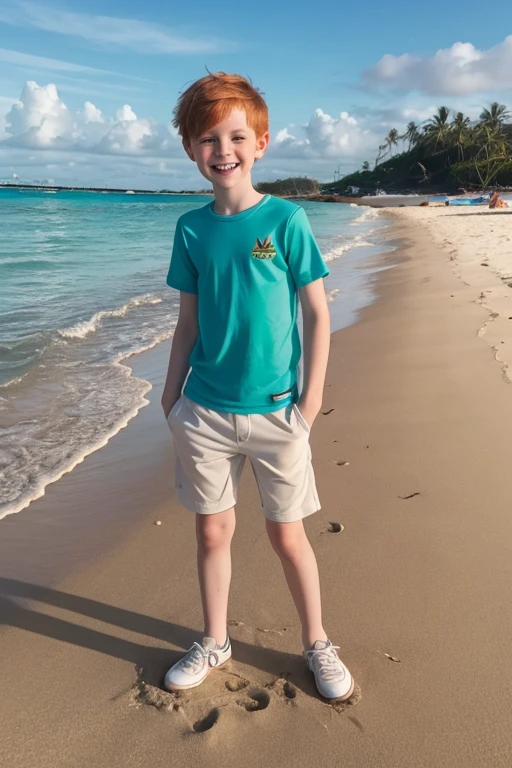 Boy in swimsuit standing on the beach with the ocean in the background, young swimsuit model, slender boy with a pale, De pie en la playa, posando en la playa, en la playa, en una playa, en la playa, is wearing a swimsuit, usando taparrabos, Joven con corto, Retrato frontal completo, Artem, de pie en la arena