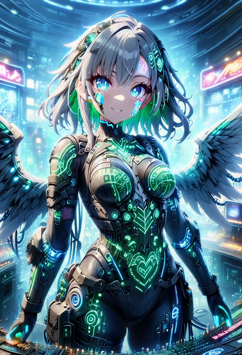 masterpiece, Best Quality, Highly detailed CG Unity 8k wallpaper, One Cyber Girl, Anime screenshots, Neon electronic circuit tattoos on the face and body, Big wings of neon lights, The best smile, Depth of written boundary, Gray Hair, Machine, Eye, Fisheye Lens