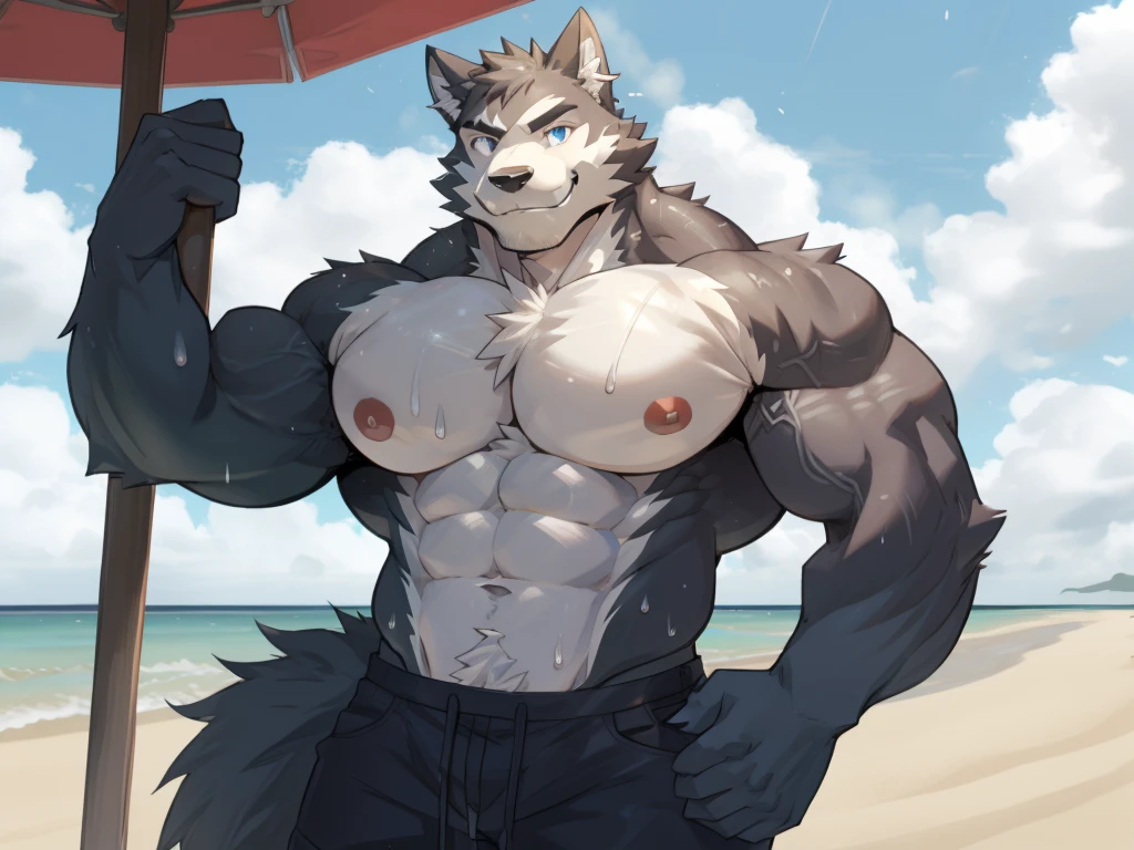 male focus, score_9, score_8, score_7, score_6,  bara, big muscles, correct anatomy, detailed eyes, simple backed, source_furry, gay, anthro, legoshi, beefy bodybuilder, musk clouds, sweaty body, musky, highres, huge pecs, big nipples, bara tiddies, bara tits, beach, massive muscular, thick arms,pose, smile