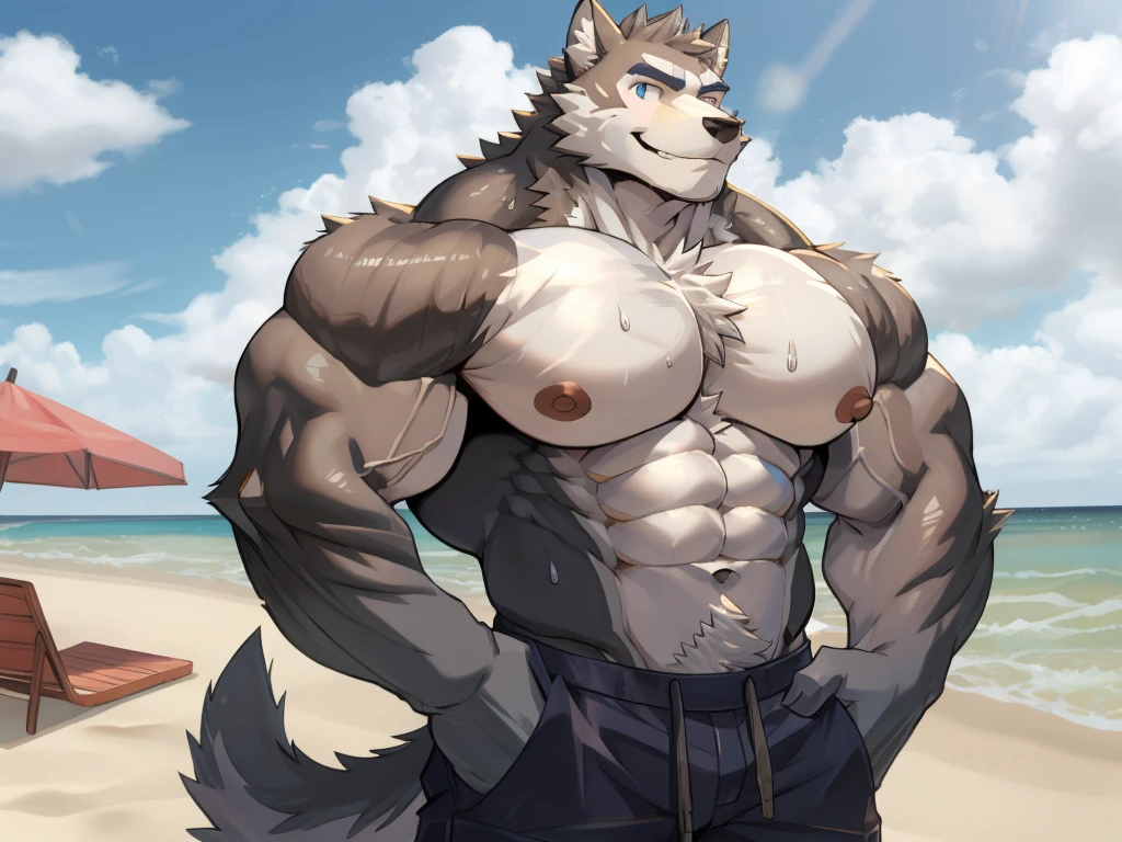 male focus, score_9, score_8, score_7, score_6,  bara, big muscles, correct anatomy, detailed eyes, simple backed, source_furry, gay, anthro, legoshi, beefy bodybuilder, musk clouds, sweaty body, musky, highres, huge pecs, big nipples, bara tiddies, bara tits, beach, massive muscular, thick arms,pose, smile