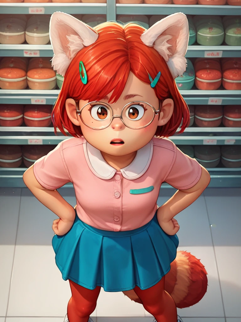 Meilin_Lee

m_l, 1girl, , brown eyes , short red hair , glasses, mint hairpin, pink shirt, blue skirt, red pantyhose, white sneakers, 

score_9, score_8_up, score_7_up, score_6_up, score_5_up, score_4_up, 

(front view), (bird's eye view), (2D anime style), red panda ears, long red tail, fluffy tail, small breasts, 

big head, (solo), standing, hands on hips, 

surprised, looking at viewer, seductive stare, shopping plaza , 

1 man, size difference, man's perspective, big penis, erect, from above, out of frame,