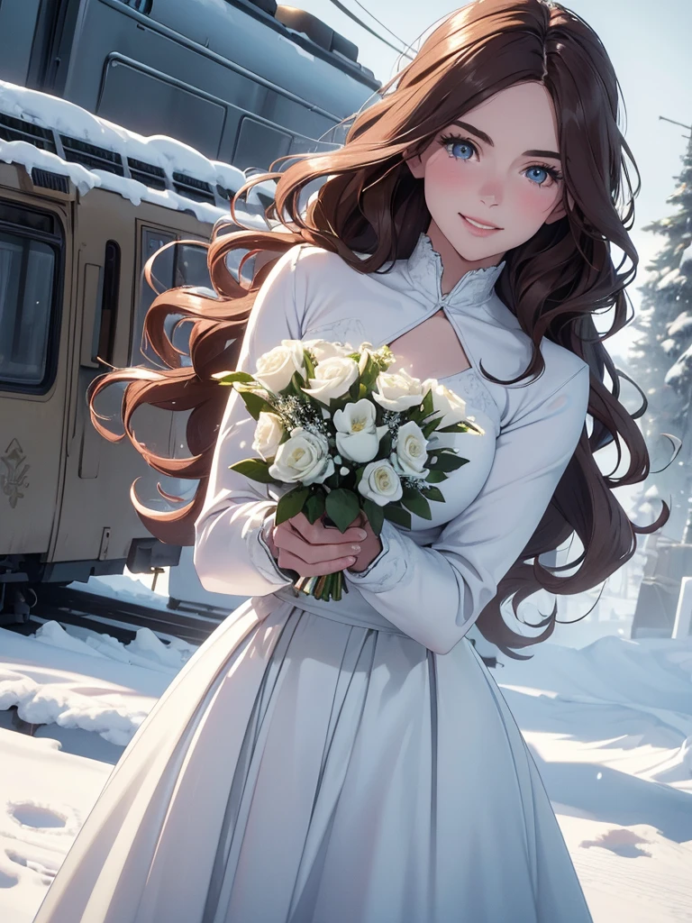 (8K, photo and gross, Better quality, maestro:1.2), (realistic, fotorrealistic:1.37), ultra detailed, 1 girl, beautiful, alone, Beautiful detailed winter landscape with snow and an old train, (blush), (full body: 1.1), (smile: 1.1), big breasts, beautiful and delicate blue eyes, (long wavy brown hair: 1.2), wearing a fitted blue winter coat with white fur cuffs and white fur collar, tigth blue jeans: 1.1, holding a bouquet of white flowers, long flowing skirt, high contrast, High quality details in her clothes and background, (elegant and confident posture: 1.2), soft winter lighting reflected in the snow, The train behind her shows details of a vintage design, creating a mix of classic and modern aesthetics