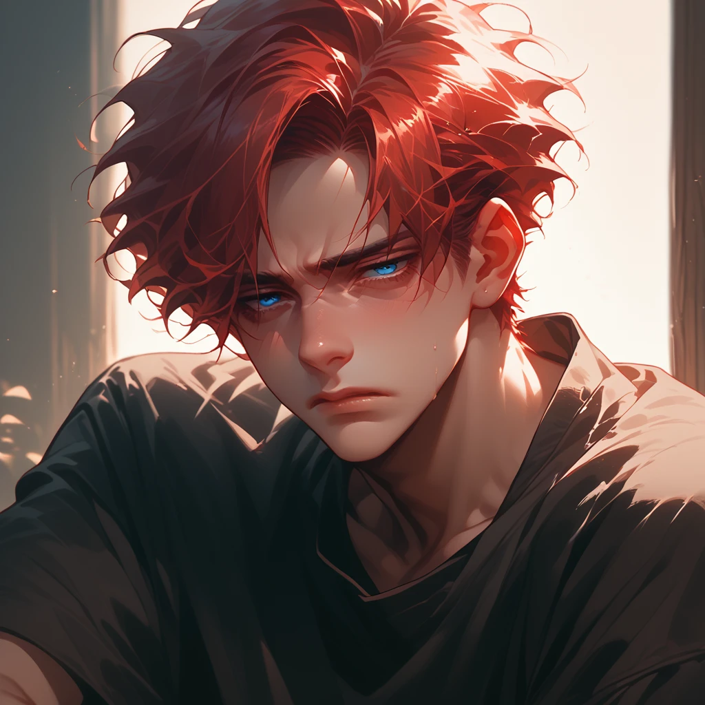 a boy, pretty face, dark blue eyes, tired look, black room, eyes on the beholder, physically strong, anime, hentai, red hair, dark circles
