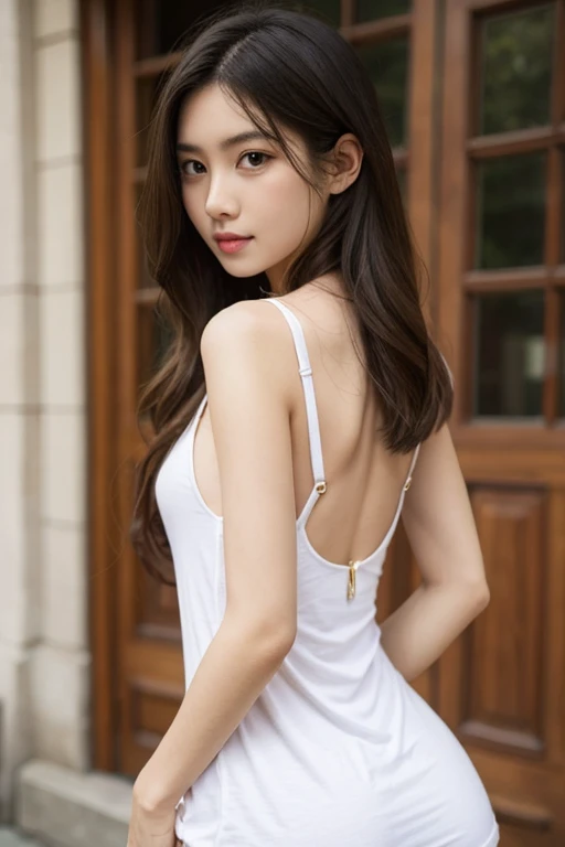 1 Girl,corridor,Soft Light,Chinese Beauty,Tight Fit,dress,Dark-haired,long hair,