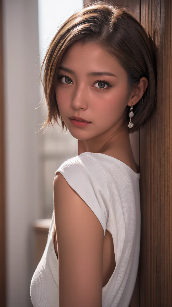 ((Photoreal Stick:1.5, masutepiece:1.5, 8K)), ((top-quality, masterpiece, 超A high resolution)), ((Shoot with blur:1.6)), ((fog the lens:1.7), ((reflect light onto the lens:1.6)), ((sunrises, Sunlight coming in from behind:1.7, The sunlight of the morning sun spreads across the screen:1.7)), ((The entire screen appears white and hazy:1.8)), ((Women look hazy in bright light:2.0)), Face Sharp Focus:1.3, Professional camera work:1.3, Highly detailed skin and facial texture:1.3, Grow Light Effect, The ultra-detailliert:1.3, 1girl in, Fair skin, (Sense of clarity:1.4, a small face), Extremely beautiful face:1.5, (Sense of clarityを感じる目:0.9, looking distantly), a smile:1.0, i love you completely:0.8, (Slightly open mouth:0.4, Sense of clarityを感じる口当たり:0.7), 二重まぶた, Dark brown medium hair, necklace and earrings