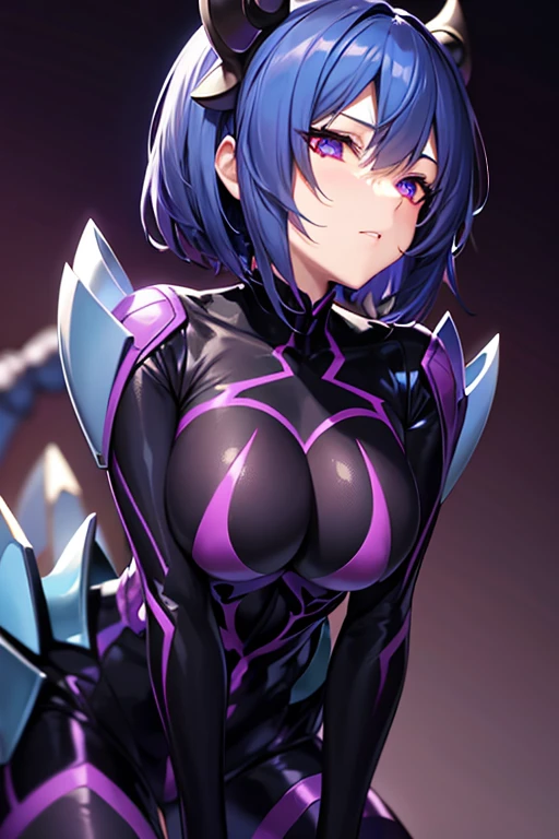 Waifu spider milf blue hair, with light armor, with spider eyes, with spider legs, with a whipHigh resolution, Ojos violetas, 