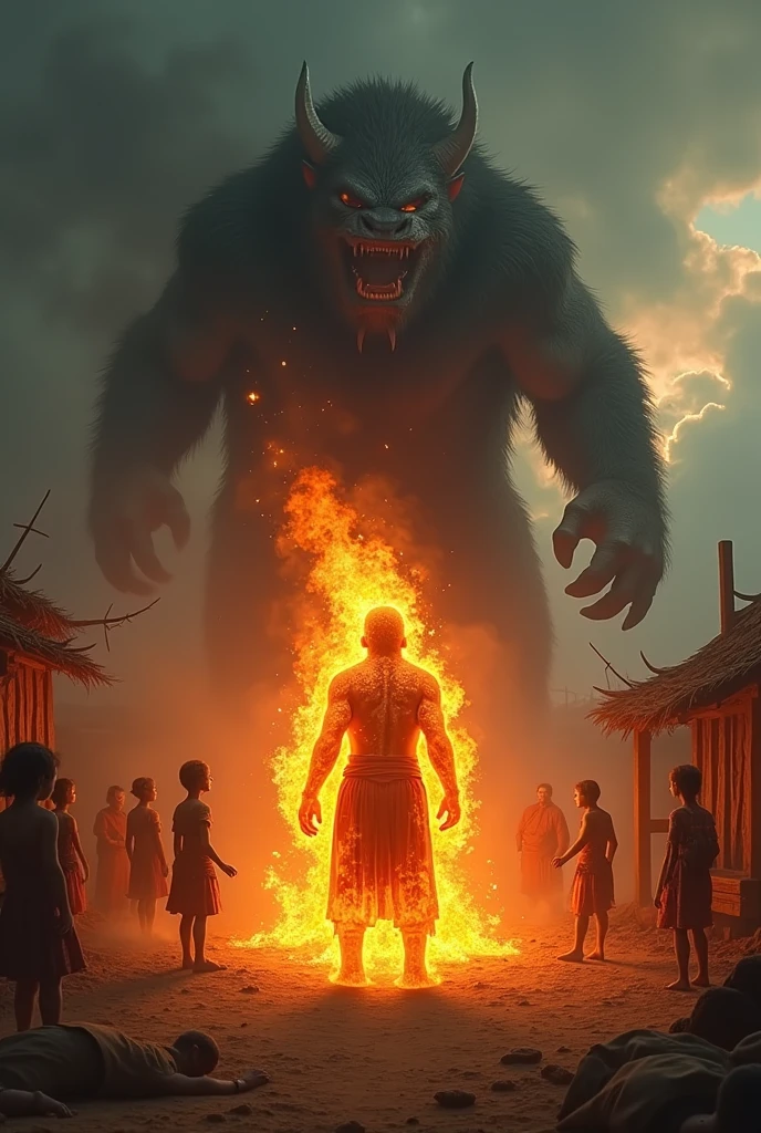 Create an image depicting a young, brave boy named Mangal facing off against a menacing demon called Sarkata Shaitanu in an ancient village setting. Mangal holds a magical mirror, reflecting the demon'