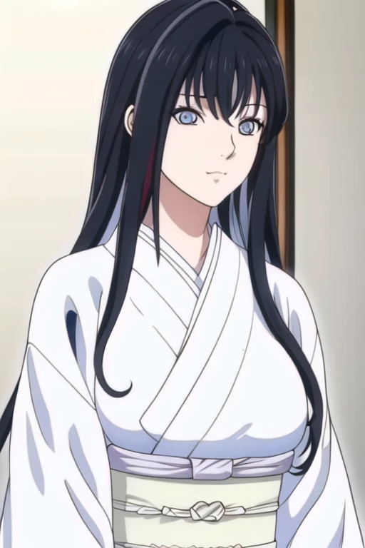 Simple White Background,
japanese clothes, white kimono, wide sleeves, long sleeves, 
blue eyes, black hair,bangs,Long hair,multicolored hair, 
1 girl, 20yo,Young female,Beautiful long legs,Beautiful body,
Beautiful Nose,Beautiful character design, perfect eyes, perfect face,expressive eyes,perfect balance,
looking at viewer,(Focus on her face),closed mouth, (innocent_big_eyes:1.0),(Light_Smile:0.3),
official art,extremely detailed CG unity 8k wallpaper, perfect lighting,Colorful, Bright_Front_face_Lighting,White skin,
(masterpiece:1.0),(best_quality:1.0), ultra high res,4K,ultra-detailed,
photography, 8K, HDR, highres, absurdres:1.2, Kodak portra 400, film grain, blurry background, bokeh:1.2, lens flare, (vibrant_color:1.2),professional photograph,
(Beautiful,large_Breasts:1.4), (beautiful_face:1.5),(narrow_waist),