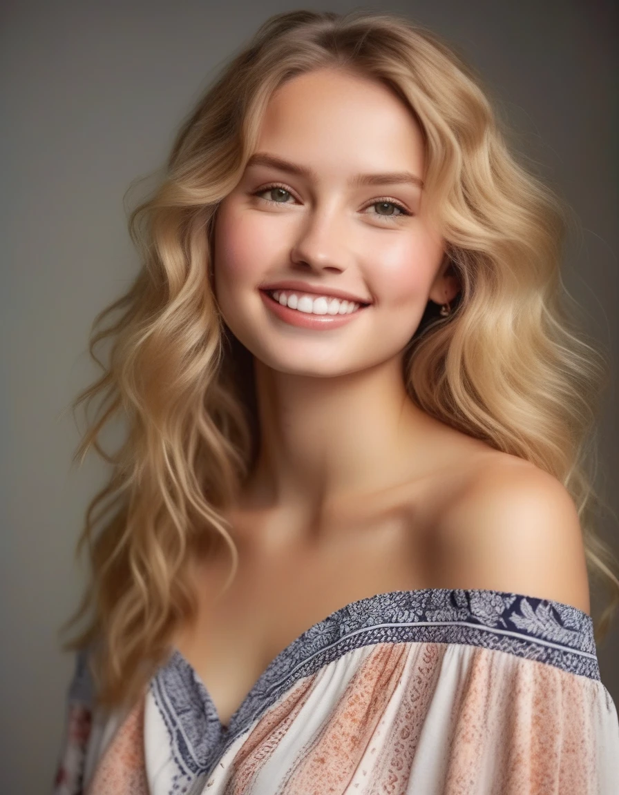 A waist-up portrait of a young beautiful blond girl, Bohemain Off-the-shoulder top, Smiling, Confident, Makeup, lip-gloss, (freckles:0.5) skin, Long Wavy Blond hair, "slim with curves", (breasts:0.8), (batik:1.55) shirt, Detailed face, Clear face