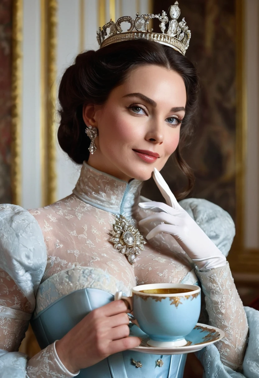 A heavenly and celestial and insanely and madly beautiful and elegant dominant royal sensual and sexy mistress in a sexy tight regal and very glossy fancy and long victorian high neck vintage French dress with long puffed shoulder sleeves, sits and has only one small royal teacup in her hand and the other hand holds only a small plate under the cup and drinking it with temptation and confidence, elegant and royal and luxuary and regal and dignify and arrogance and powerful and fearful like a true monarch appearnce that make this fictional character so respectful and mighty with enormous godlike beauty, she has four fingers and a thumb in each hands, her face is sensually alluring and fresh like a young and unmatched beautiful lordship, her body had fully covered and no single part of her body has shown even her hands had fully covered by white gloves, sensual and whimful atmosphere, her beauty is unmatched in the world, she is sexually excitement and whimful and lustful to seduce and allure and prevert, with a self-assured, beguiling smile suggesting her dominance and pride, her breasts are so big and swollen and pervertable