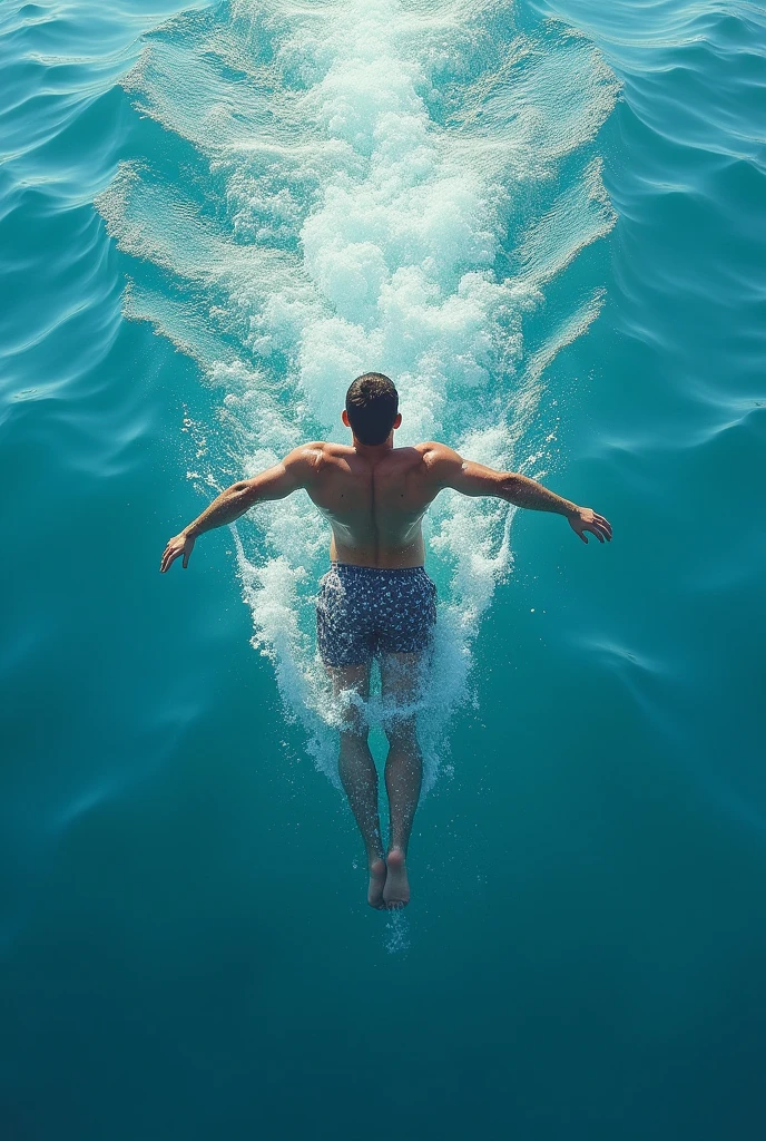 A fit handsome naked and muscular man, swimming powerfully underwater in a stunning pool