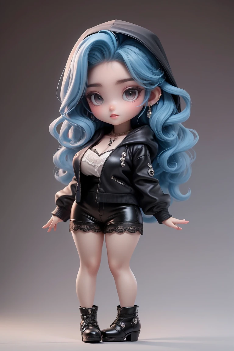 work of art, best qualityer,8K,offcial art, ultra high resolution,

1 busty girl,chibi, female , standing alone, whole body, gazing at viewer,
jewerly, aretes,
ssmile, hair blue, shorth hair, blush,
pencil skirt, booties, shorts, black shoes, black shorts, long sleeves, Black jacke, hooded cloak, cross lace shoes,
grey-eyed, teeths, wavy hair, chemise, tatoo,