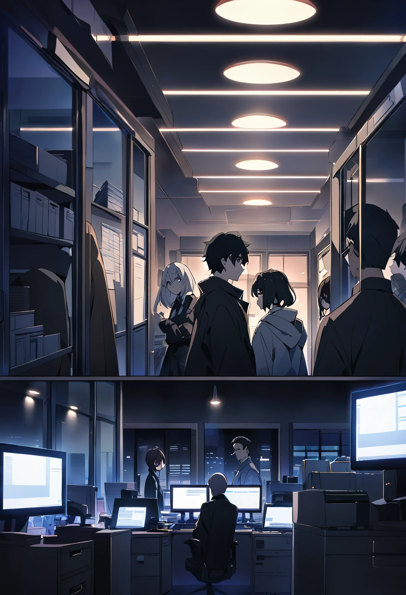 anime style poster, anime style characters, environment: dimly lit office with computers, tables, printers, files, window showing that it is night. five people in the anime style room, two adult women and three adult men, all wearing black clothes, staring in a mysterious way