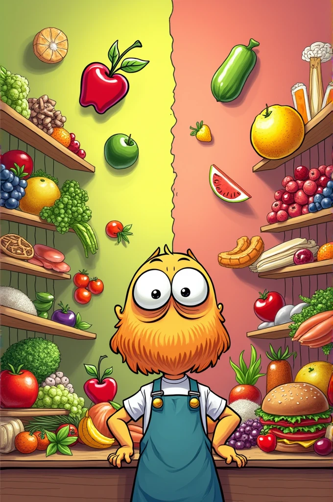 Not Healthy Animation Cartoon of an animated person looking at healthy and unhealthy foods ...
