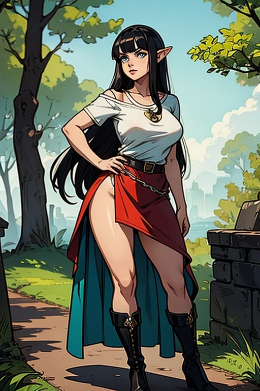 1 Female elf, long silky hair, black hair, Hair with Chanel-style bangs, pointy ears, turquoise blue eyes, thin lips, round face, wearing a white t-shirt with a medieval-style neckline, leather belt from the hip to the bust, large red in a bow, large breasts, wide hips, wearing a short skirt parted on the sides, wearing buccaneer-style boots up to the eyes, Forest scenery with ruins to the side, sunny day with the sun illuminating the environment