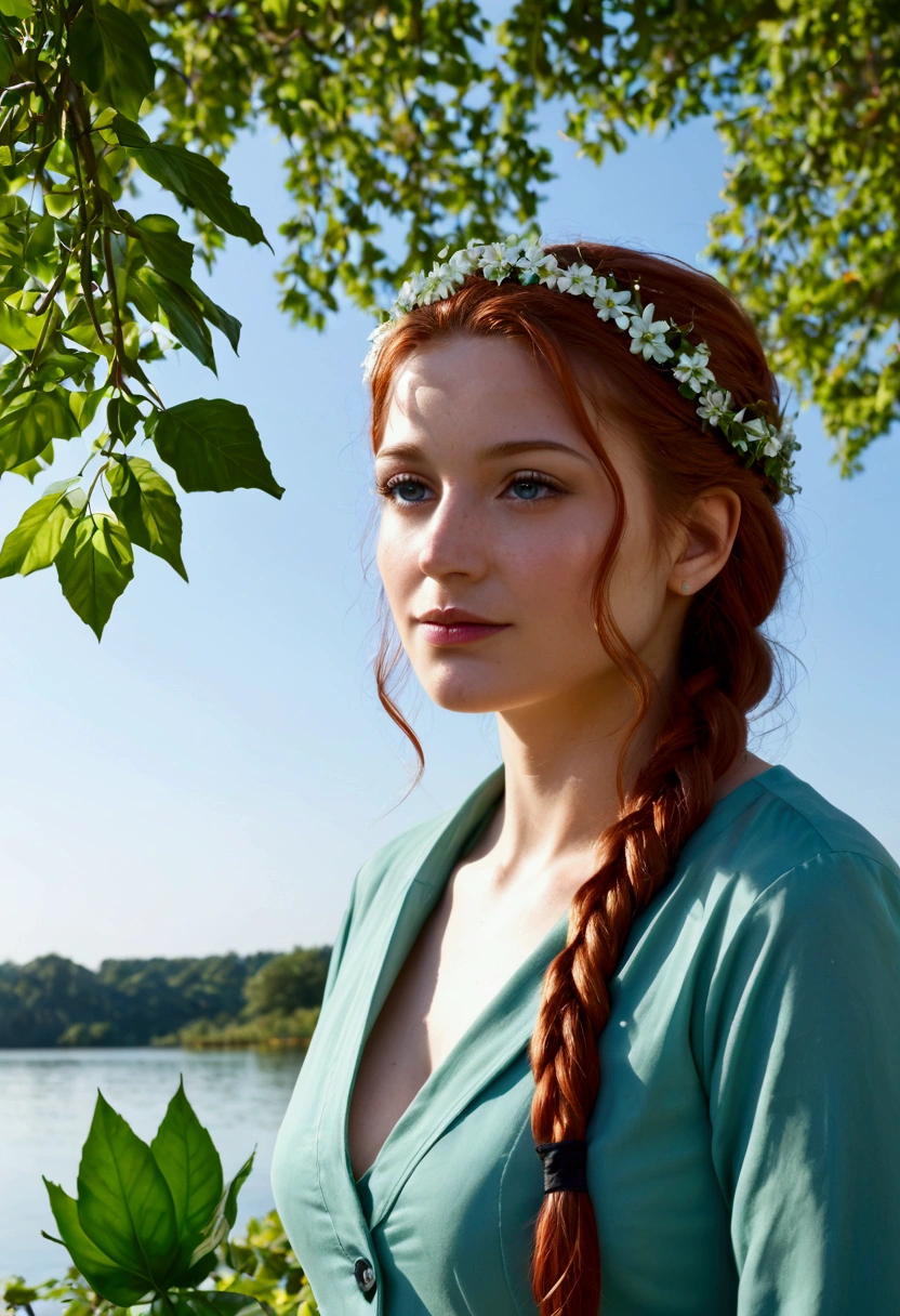 Fantasy woman, braided auburn hair crowned with ivy and wildflowers, eyes as green as spring leaves, wearing a simple tunic woven from natural fibers, sitting beside a tranquil pond in a serene meadow filled with blooming wildflowers and butterflies flitting about under a clear blue sky., good lighting, professional photoshoot,sharp focus, professional photography, masterpiece, ultra detailed photograph, high quality, 8k, raw,