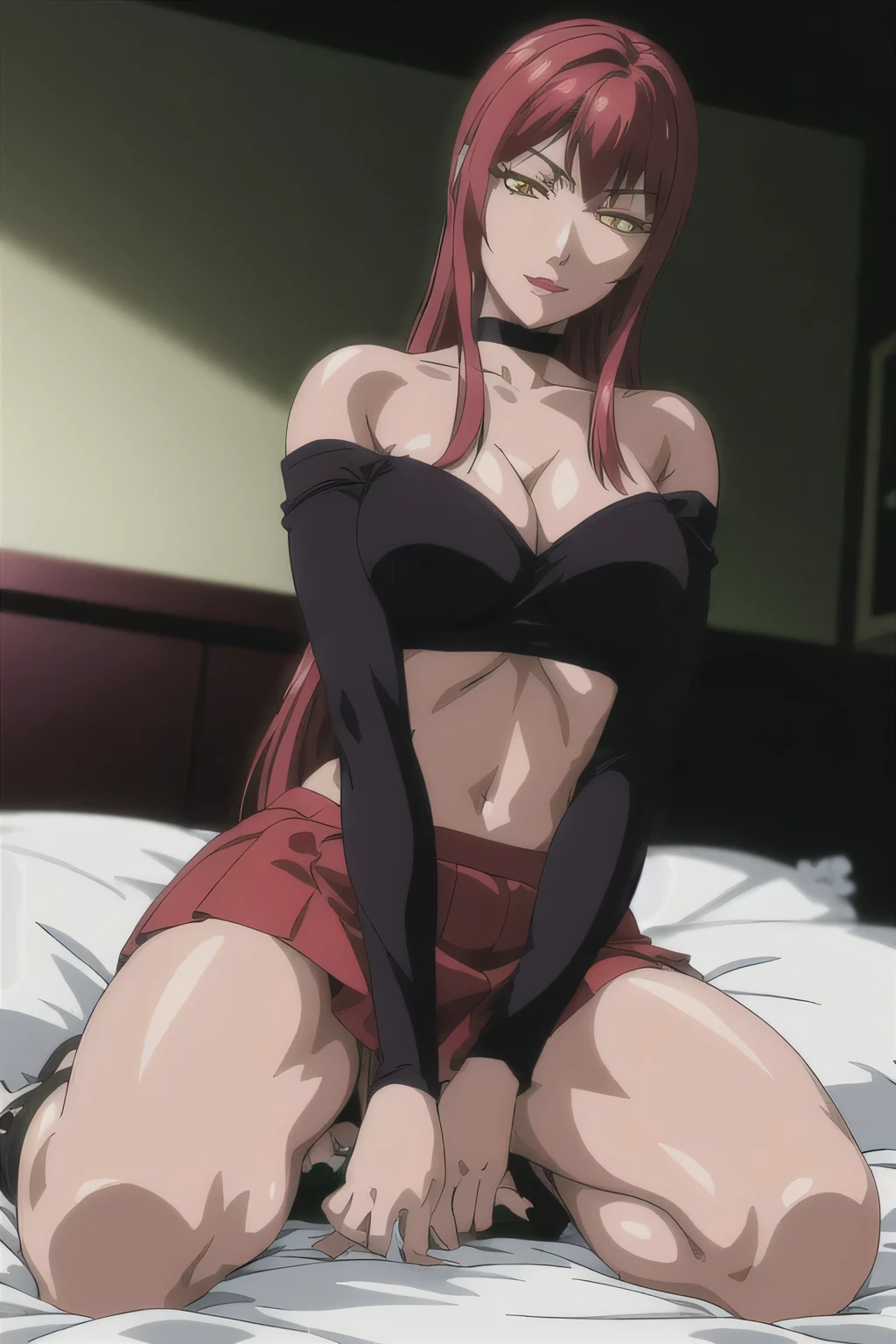 masterpiece, best quality, highres, 1 girls, hirokotakashiro,  micro ruffle skirt, black off shoulder crop top , bedroom, full body shot, (smug:0.3), looking at viewer, focus solo, sexy pose, crossing legs, mature, flip flops, detailed feet, busty, cleavage, redhead, seductive, dangling shoes, red eyeshadow, glossy lips, black choker, long hair, sitting on bed, complete body, seducing, yellow eyes,  kneeling, undressing, 