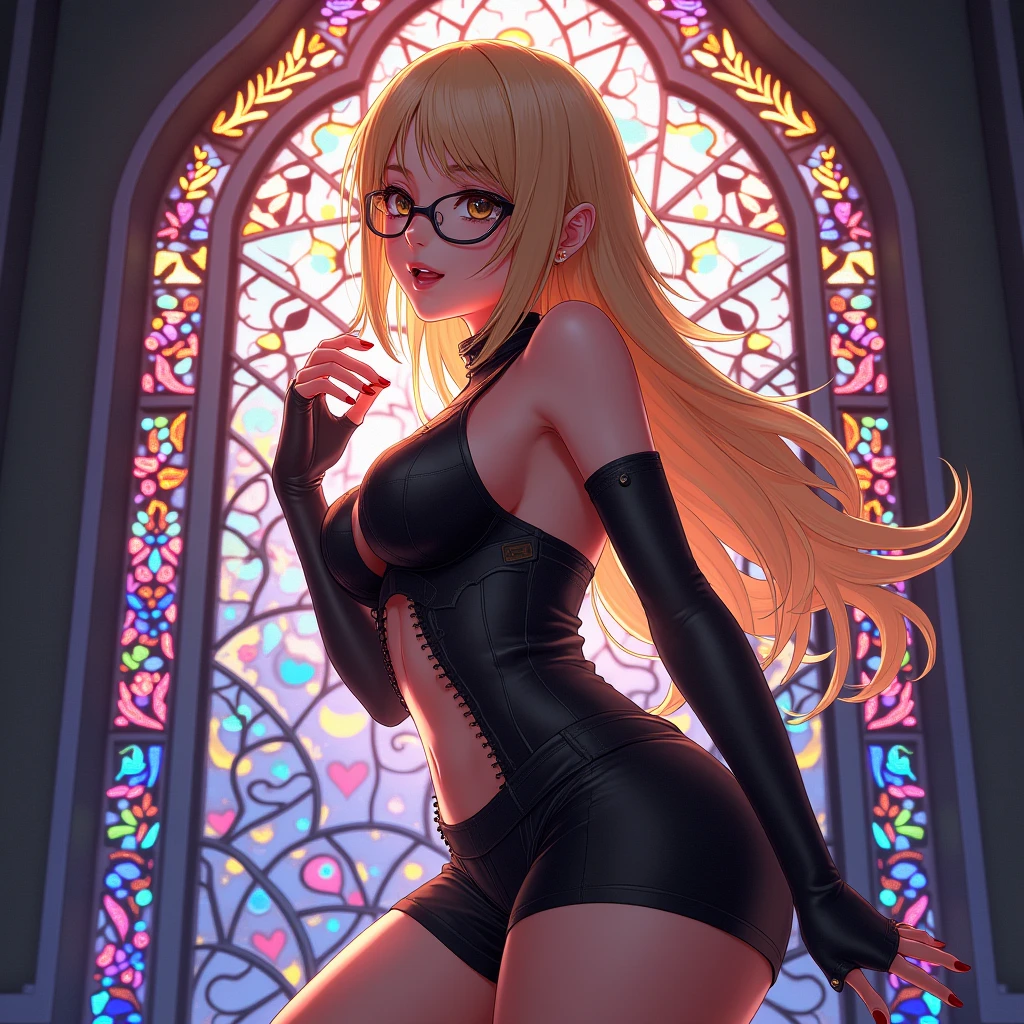 1girl,solo,long twin tails,cat ears,blonde hair color,purple eye color,super huge breasts,slender,Glasses,glossy black long pencil skirt dress,Rich atmosphere,standing up,near,Stained glass background