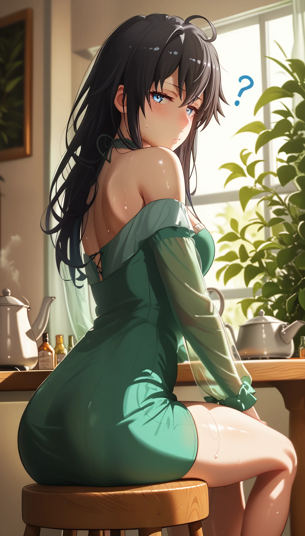 (hero neisan style:0.7), score_9, score_8_up, score_7_up, score_6_up, yukinoshita yukino, black hair, long hair, blue eyes, ahoge, BREAK beautiful detailed eyes, beautiful detailed lips, extremely detailed face and portrait, elegant expression, soft warm lighting, volumetric lighting, cinematic composition, detailed environment, lush garden, vibrant colors, intricate details, masterpiece, high resolution, digital painting, excessive sweating, sweating profusely, sweating drop BREAK, 1girl, green dress, ass, sitting, solo, dress, breasts, short dress, table, looking at viewer, blush, indoors, off shoulder, medium breasts, thighs, off-shoulder dress, closed mouth, notice lines, bare shoulders, bottle, bare legs, kettle, looking back, long sleeves, see-through, stool, off-shoulder jacket, jacket, open clothes, from behind, gloomy expression, half-closed eyes, sweating profusely, excessive sweating, sweating drop,
