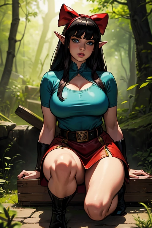 1 female elf,long silky black hair,Chanel-style bangs,pointy ears,turquoise blue eyes,thin lips,round face,white t-shirt with medieval-style neckline,leather belt from hip to bust,large red bow,large breasts,wide hips,short skirt parted on sides,buccaneer-style boots up to knees,forest scenery with ruins,sunny day,sun illuminating environment,(best quality,4k,8k,highres,masterpiece:1.2),ultra-detailed,(realistic,photorealistic,photo-realistic:1.37),HDR,UHD,studio lighting,ultra-fine painting,sharp focus,physically-based rendering,extreme detail description,professional,vivid colors,bokeh,fantasy,magic,digital art