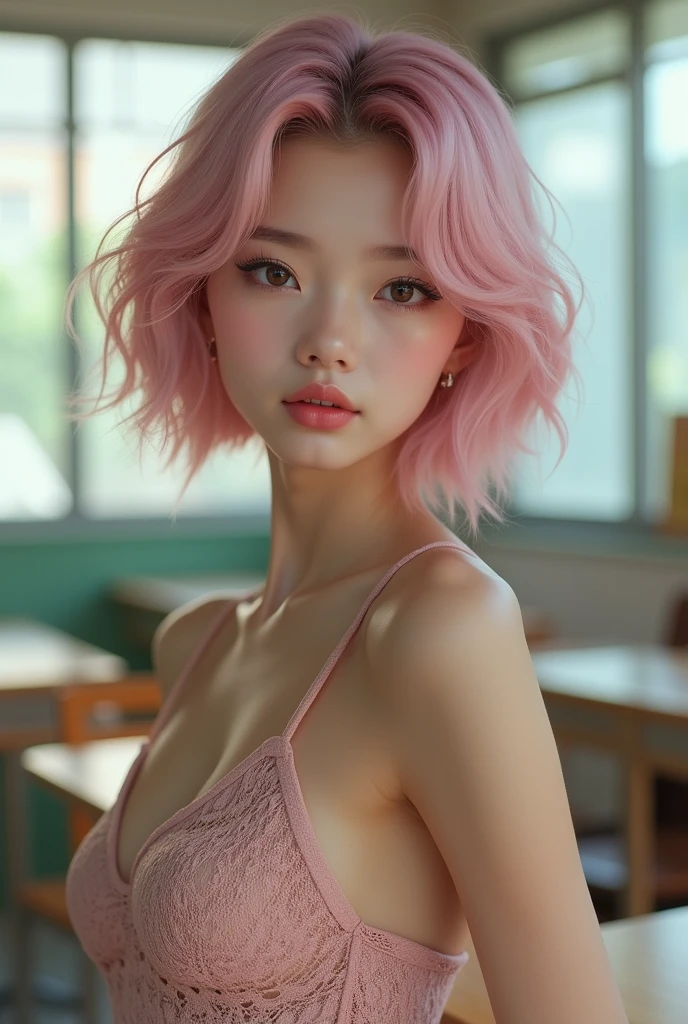 {HDR,UHD,8K}, 1girl, , young, student, best quality, wide hips, tempting, taking clothes off, seducing, detailed face, teasing, stripping, pink hair, Short hair, green eyes