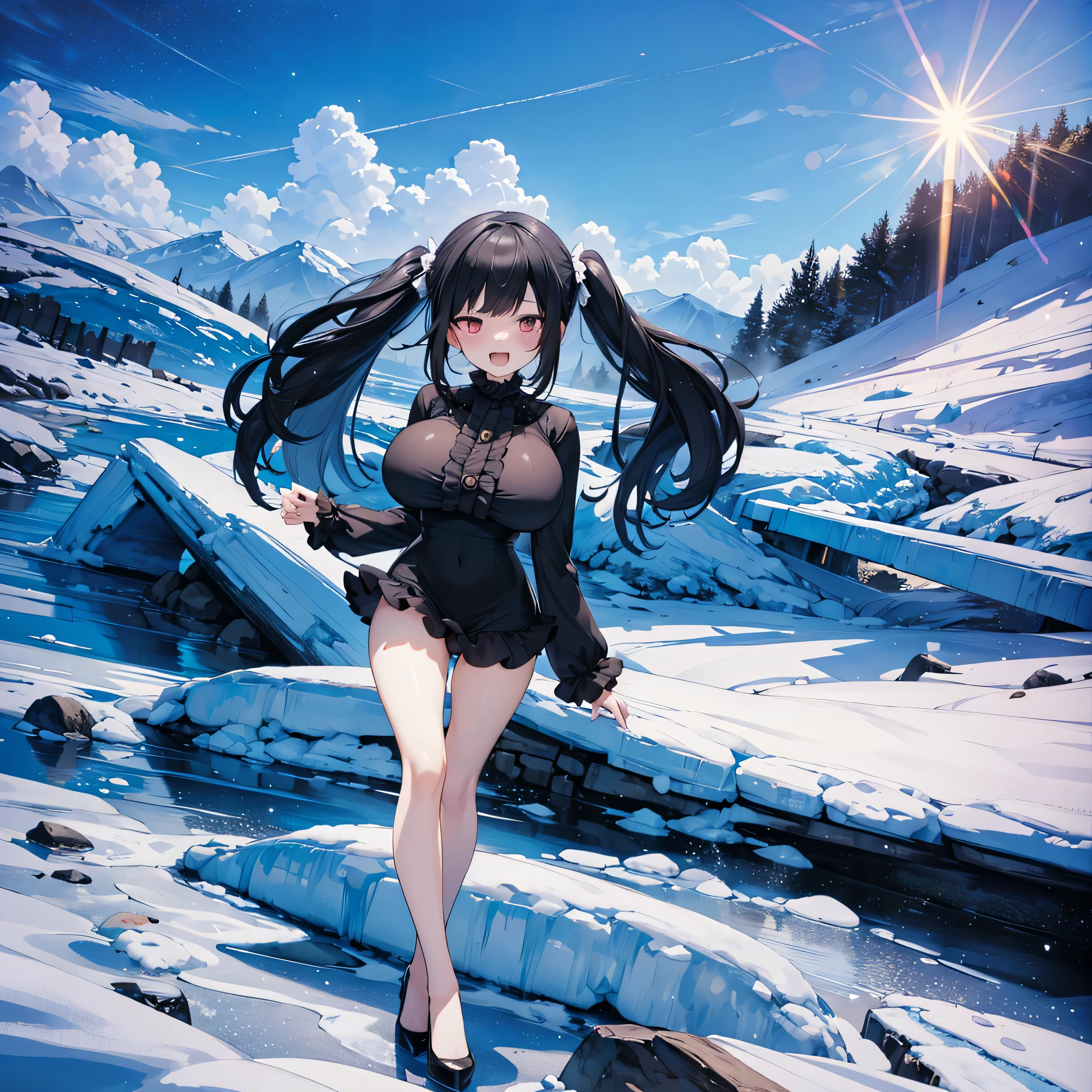 ice field, diamond dust, sun light, BREAK, (solo), (1 skinny girl standing alone), swaying back, BREAK, black hair, (long two side up), red eyes, (bursting large breasts), bouncing large breasts, very short torso, skinny narrow waist, skinny legs, BREAK, (frilled very short black mini dress with frilled long sleeve:1.3), Gothic ****ta, high neck, closing chest, bared legs, thigh gap, stiletto heels, BREAK, (smile for viewer), nose blush, open mouth, orgasm, coverd erectile nipples, nsfw,  pussy juice