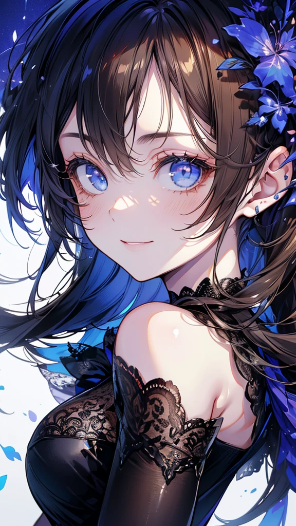 Adult girl, long brown hair with bangs, blue butterfly wings, blue eye color