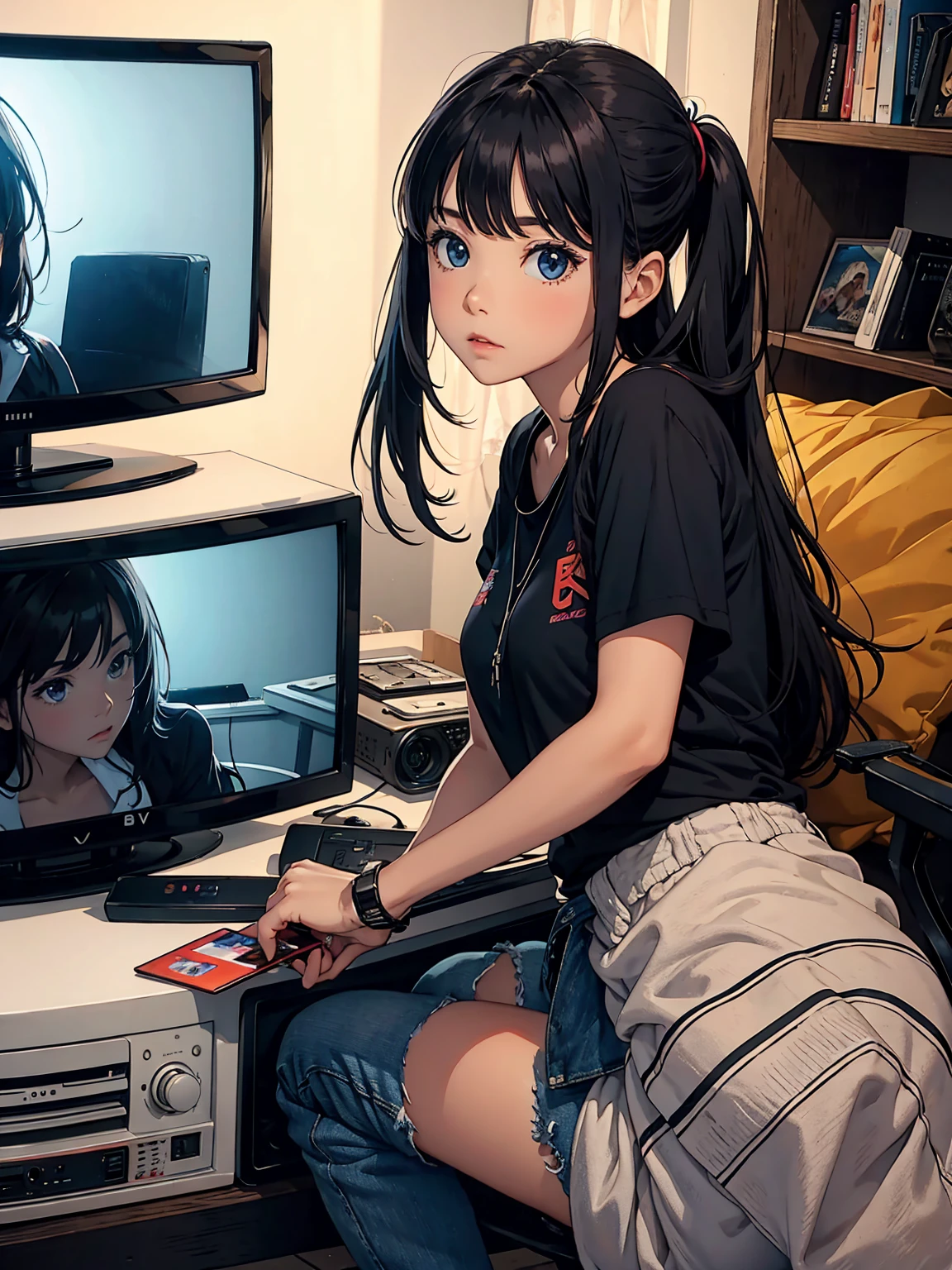 a girl，in her room，The room was dim，Just a few screens displaying various video games emit a soft blue light，She is holding instant noodles，sitting on computer chair，The room should present a comfortable but slightly cluttered atmosphere，full of game consoles、Controller and game poster on wall，She wore her signature oversized 4XL baggy off-the-shoulder T-shirt，There is a carrot pattern on it，The screen&#39;s blue light casts soft shadows，Highlighting her slightly melancholy but focused expression。The entire scene should maintain a peaceful and introspective atmosphere，Emphasize the contrast between blue light and dim room。Close-up, 