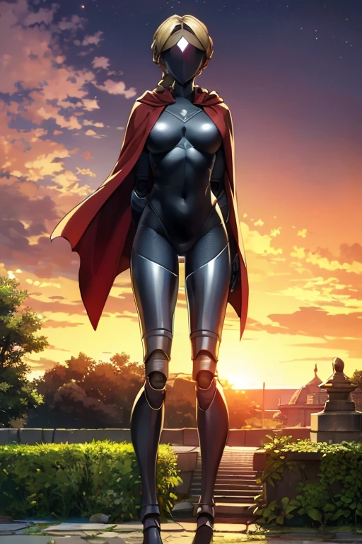 AHTwins, robot, no face, blonde hair, braid, star (symbol), traditional, standing, outside, garden, bodysuit, dusk, sunset, high quality, masterpiece, cape, cloak