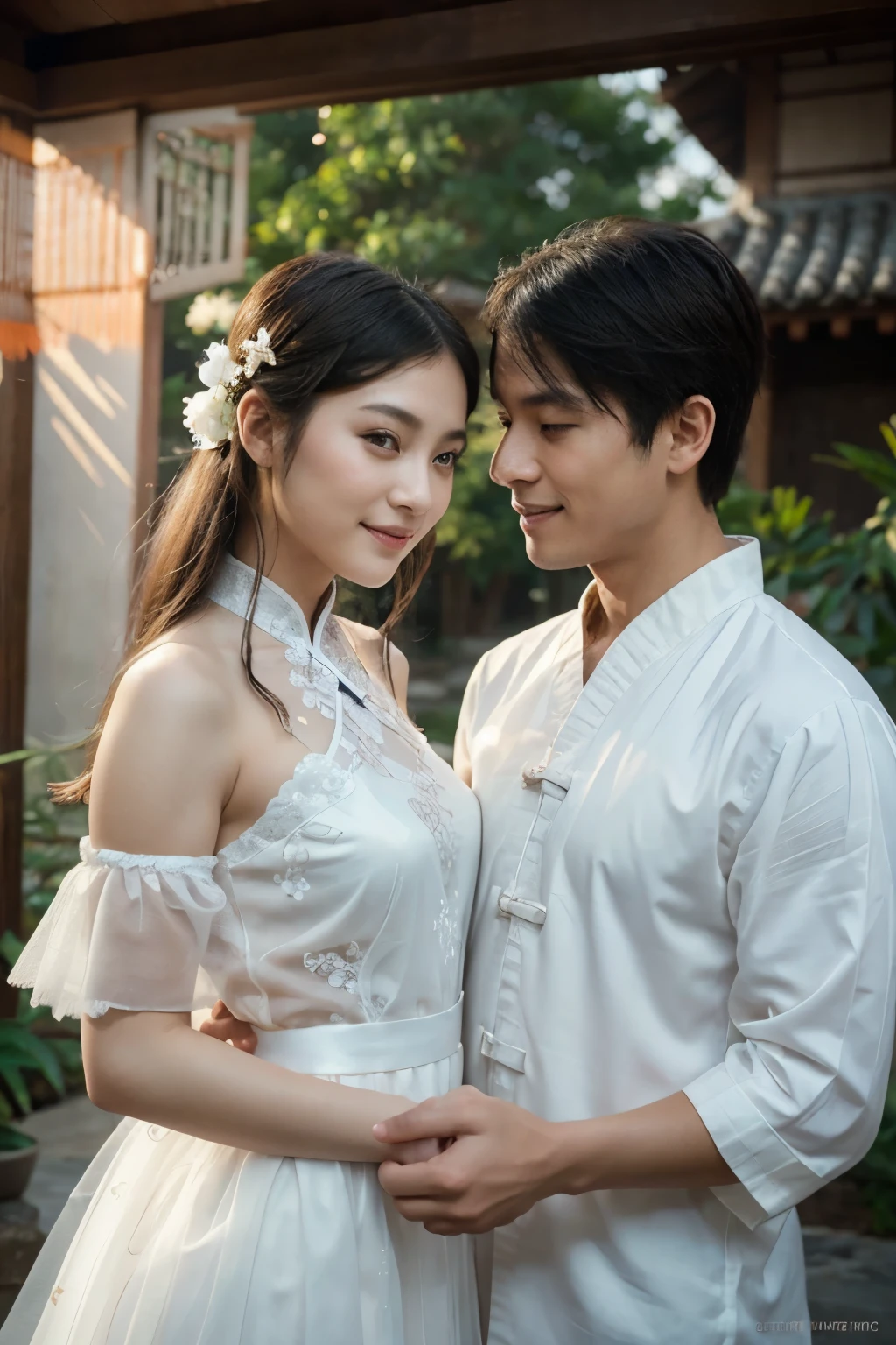 Best image quality、8k、masterpiece:1.3))、Realistic high-quality photos、highest quality、Girl cute beautiful face、Beautiful 13 year old Japanese girl、Photos of slim models、Beautiful girl model、若いJapanese girl、Young and pretty face、Japanese girl、13-year-old female model、Beautiful model girl、The innocent look of the girl next door、A lovely and delicate face、Brown Hair、Beautiful brown eyes、Tear bags、drooping eyes、Young Body、Designer Jewelry, Traditional sari in Cleopatra fabric from top to bottom, Full body cover,A man stands behind him、Leaning on a man、Man hugs his chest