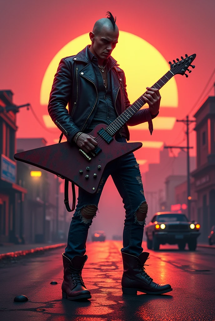 upin skinhead , custom punk , play guitar legend , cyberpunk , fire , jacket levis , cowboy , face of masking