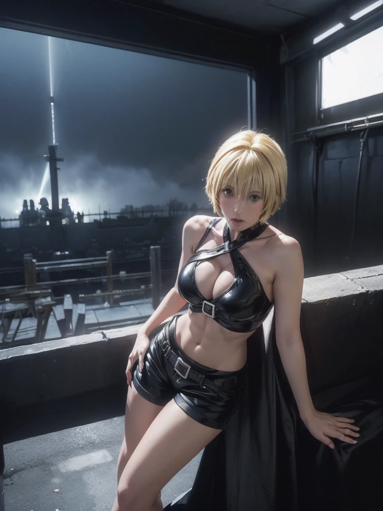 Very short hair, (masterpiece、Highest quality、Official Art), View from the front, Looking at the audience:1.5, topless, small top, black waist cloak:1.2, Black long boots, Black shorts, (Black bondage suit:1.2), Black collar, Black choker, Glowing Skin, Realistic:1.9, Very detailed, Full Body Shot:1.2, Cleave, Belly button pussy, Expose the center of the body, High resolution, full color photos, High detail, Extremely realistic detail, Ultimate realistic texture, Ultimate in exquisite detail, Professional photos, Sexy portrait of, Voluptuous bust, Tight waist, Cleavage, Trained abdominal muscles, Big Ass,Complete the whole body, Full body image, No underwear, Highest quality, ((background:city:1.4)), Suzune, Suzune's clothes