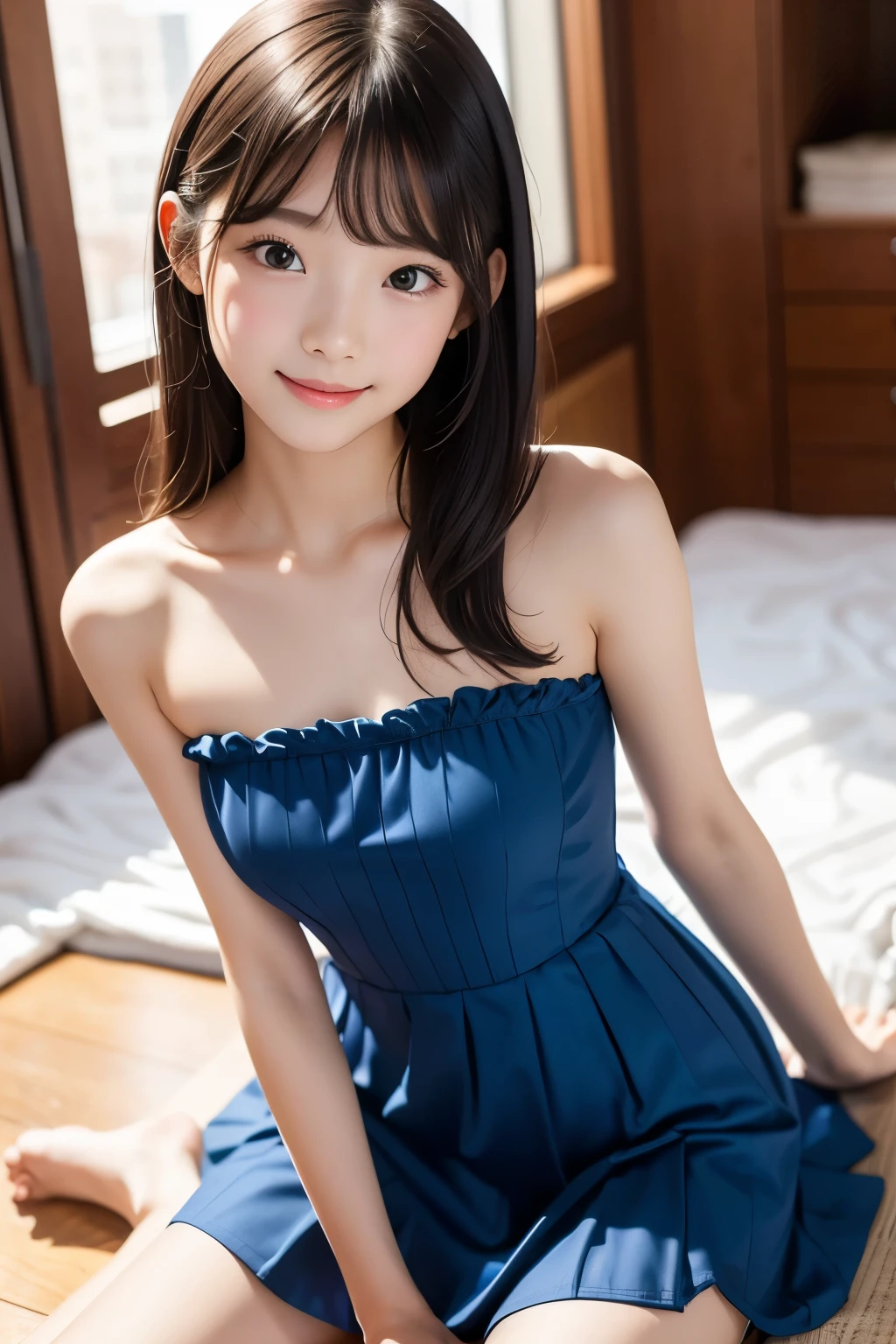 Highest quality,8k,Ultra high definition,,(Younger sister in her first  of high school),,A slim face like an actress,No bangs、Long Hair,,Smile,Fashion like popular Korean idols in 2024、Strapless,((Small breasts)),Sexy looking clothes,See-through one-piece dress,Very short frill skirt,Riding up the hem of a skirt