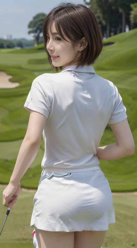NSFW:1.4, 3girls, Cute Japan female golfer、from the rear、Collared shirt completely sheer with sweat | Complete Clothing、No underwear、Golf Course、Spreading miniskirt、heavy wind、up skirt、masutepiece、top-quality、Unreal、The ultimate photorealistic