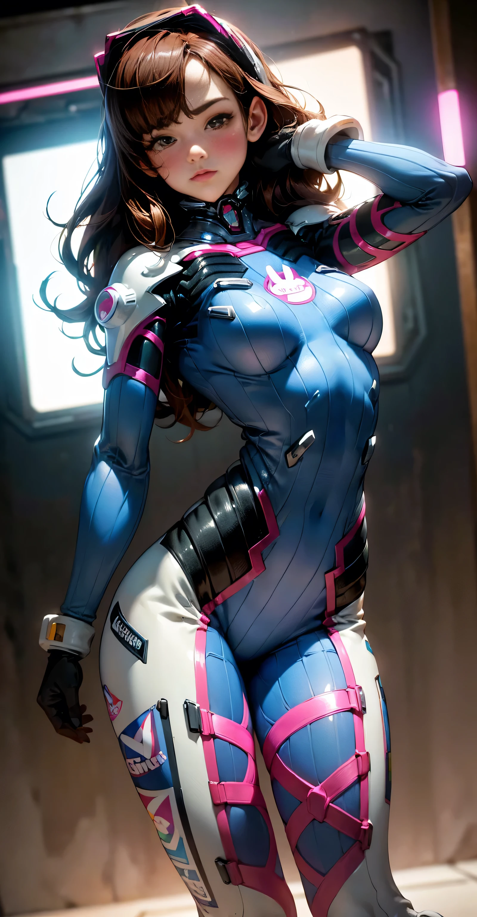 D.goes for super thick breasts、Brown hair、、8K, 4k, Of the highest quality, high resolution: 1.2),flicker、an exposed breast、Cute anime face、pink blush on cheeks.、noise removal,Very close to the screen... (((her perfect body)))((( that his body can be seen from head to toe in his blue suit))),(((Masterpiece of the perfect body )))((very close to the screen)))