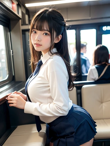 a beautiful young girl in a school uniform, extremely detailed, sexy, with large breasts(1.2), sticking out her butt(1.3), in ecstasy(1.3), shiny and delicate realistic skin, (best quality,4k,8k,highres,masterpiece:1.2),ultra-detailed,(realistic,photorealistic,photo-realistic:1.37), up skirt, sit in a train,