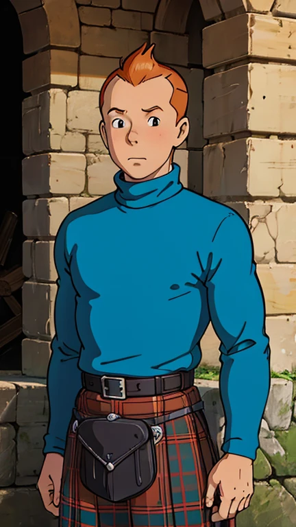 (Teens:1boy: Tintin,s_kilt), (extremely detailed CG unit 8k wallpaper),(master part), (best quality), (ultra detali), (best illustration),(melhor ombre), cowboy shot, (Sharp eyeliner, ombre, detailed eyes:1), ancient medieval ruins,break , (ghibli style), upper body,short hair, orange hair, blue long Sleeve turtleneck sweater 