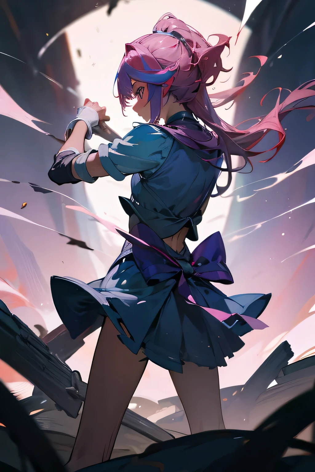 (best quality,4k,highres,masterpiece:1.2), realistic, dark fantasy art, blue hues, dramatic lighting, detailed magical girl with short twin-tailed pink hair, tear-streaked face, submissive pose with hands up, revealing white panties, covered in , fallen in a dirty environment, torture chamber, disheveled hair, torn magical girl costume, execution, spanking of the buttocks